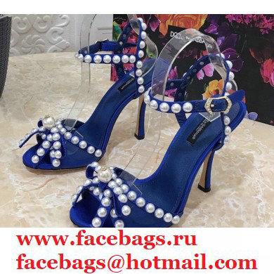 Dolce & Gabbana Heel 10.5cm Satin Sandals Blue with Pearl Application 2021 - Click Image to Close